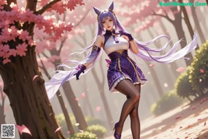 A woman in a purple and white outfit standing in a park.